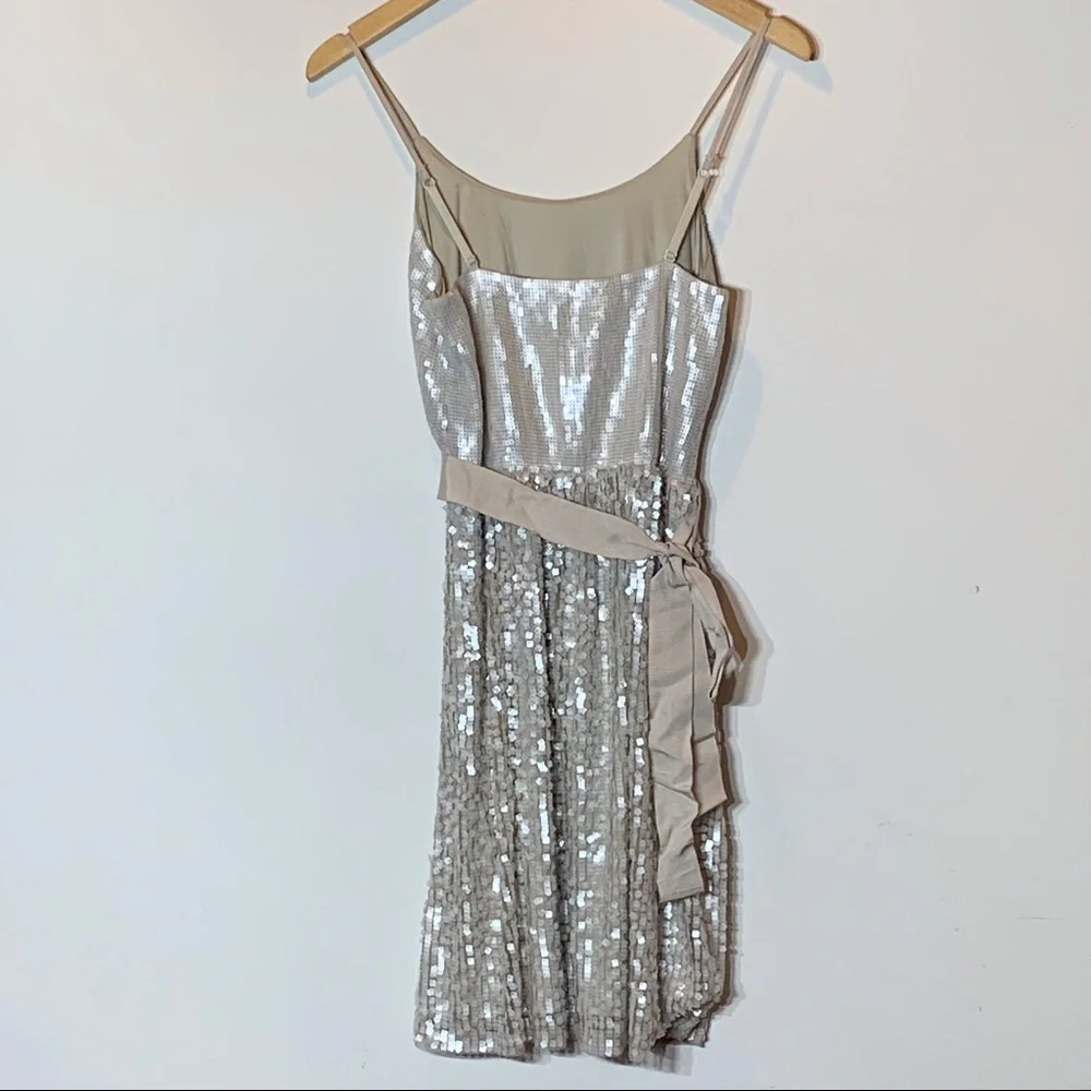 EUC Express Sequin Embellished Adjustable Spaghetti‎ Strap Cream and Tan Dress